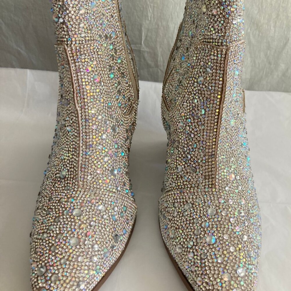 Rhinestone Cowboy Ankle Boots With Block Heel & Zipper Closure. NWT
